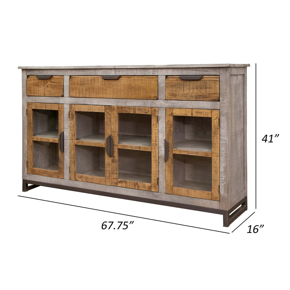 Dome 68 Inch Sideboard Console 3 Drawer 4 Door Brown Gray Mango Wood By Casagear Home BM307405