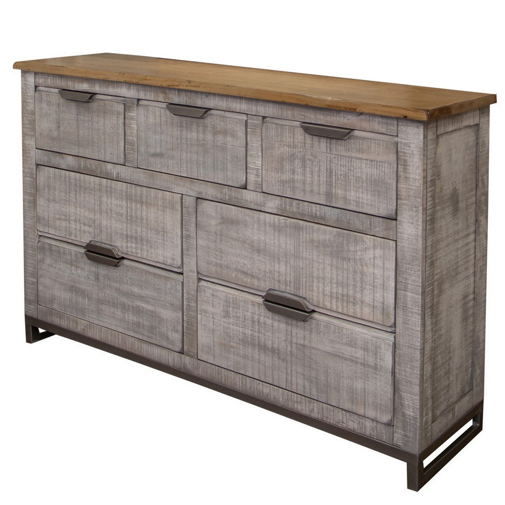 Dome 61 Inch Dresser 7 Drawers Metal Base Brown Gray Solid Mango Wood By Casagear Home BM307406