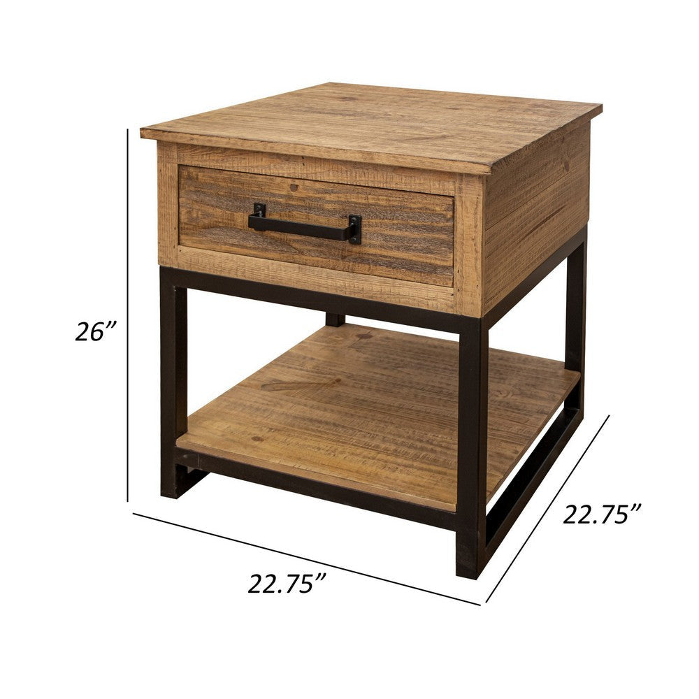 Tuba 26 Inch Side End Table 1 Drawer Open Shelf Iron Brown Pine Wood By Casagear Home BM307420