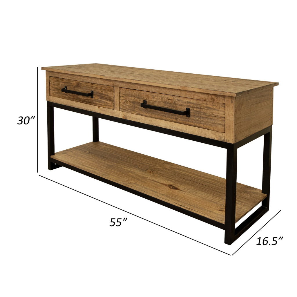 Tuba 55 Inch Sofa Table Console Drawers Open Shelf Iron Brown Pine Wood By Casagear Home BM307421