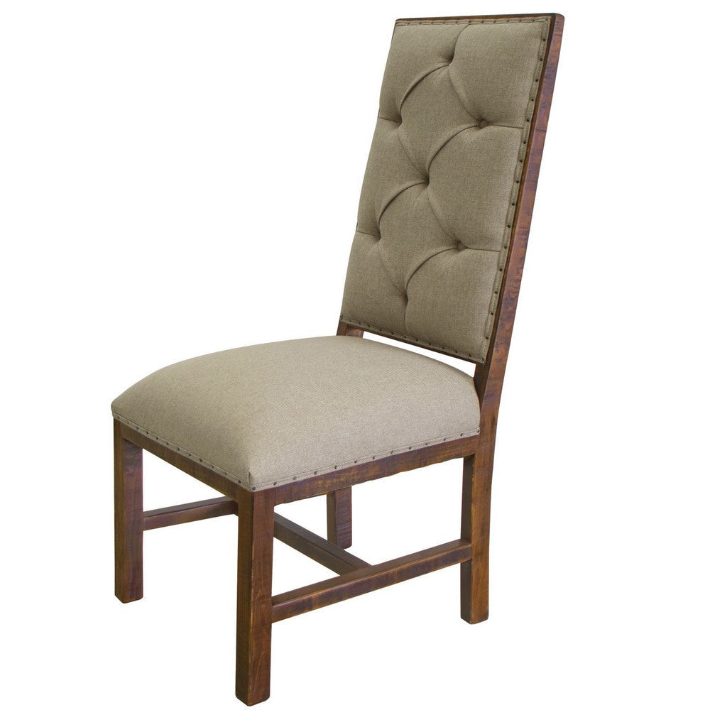 Maye 22 Inch Dining Chair, Set of 2, Tufted Ivory Fabric, Brown Pine Wood By Casagear Home