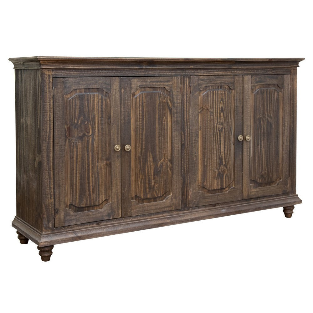 Son 71 Inch Sideboard Console Cabinet, 4 Door Gold Handles, Brown Pine Wood By Casagear Home