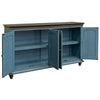 Son 71 Inch Sideboard Console Cabinet 4 Door Gold Handles Blue Pine Wood By Casagear Home