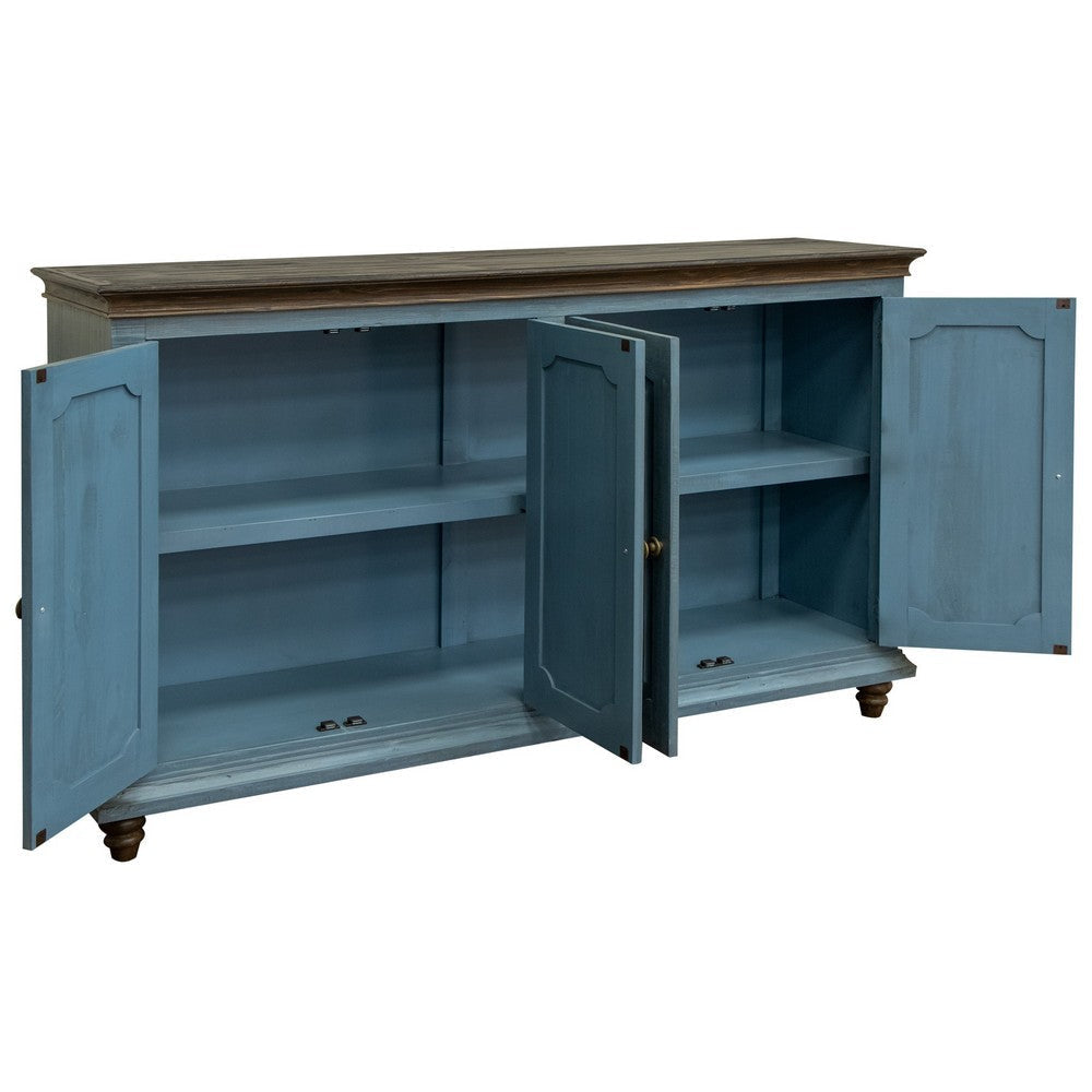 Son 71 Inch Sideboard Console Cabinet 4 Door Gold Handles Blue Pine Wood By Casagear Home