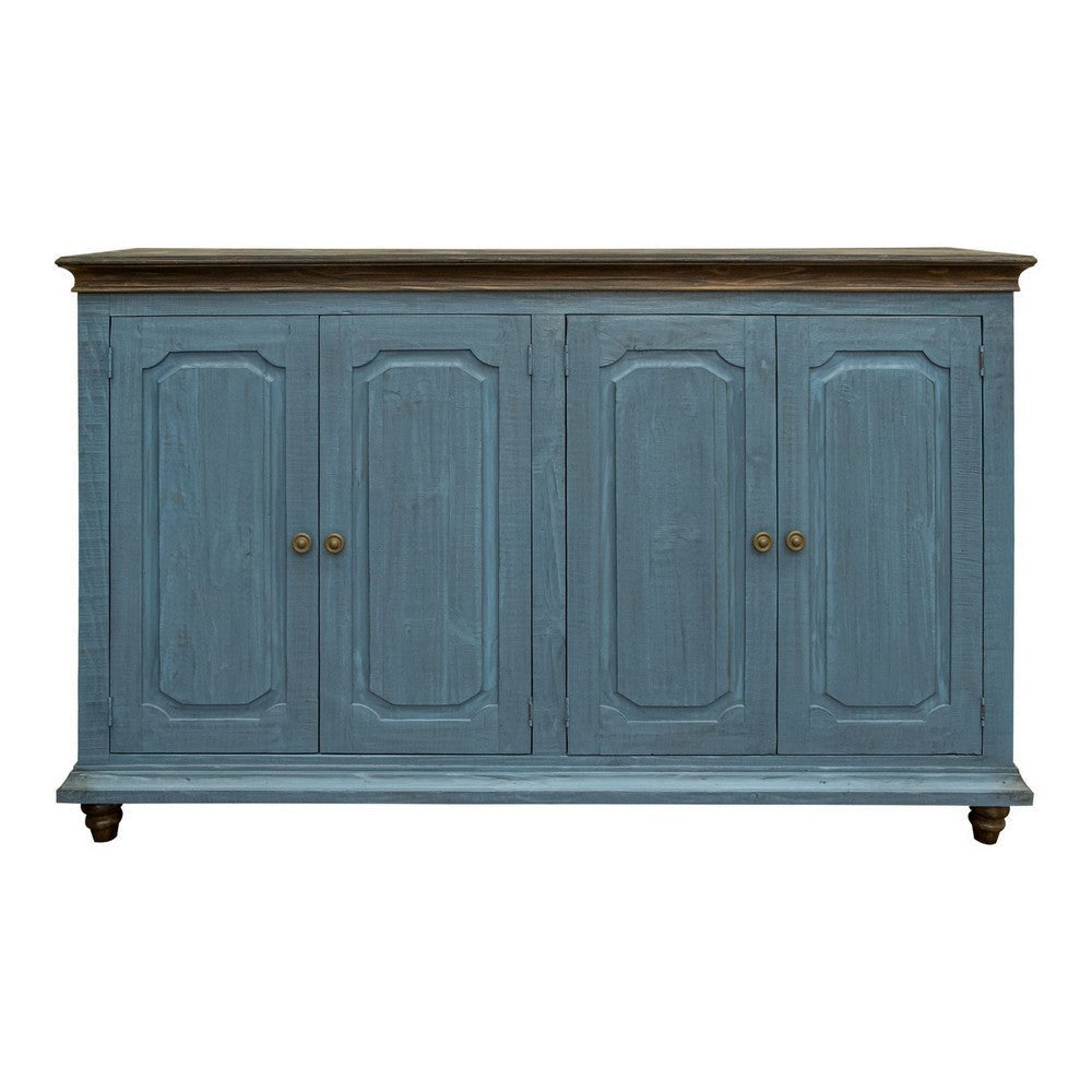 Son 71 Inch Sideboard Console Cabinet, 4 Door, Gold Handles, Blue Pine Wood By Casagear Home