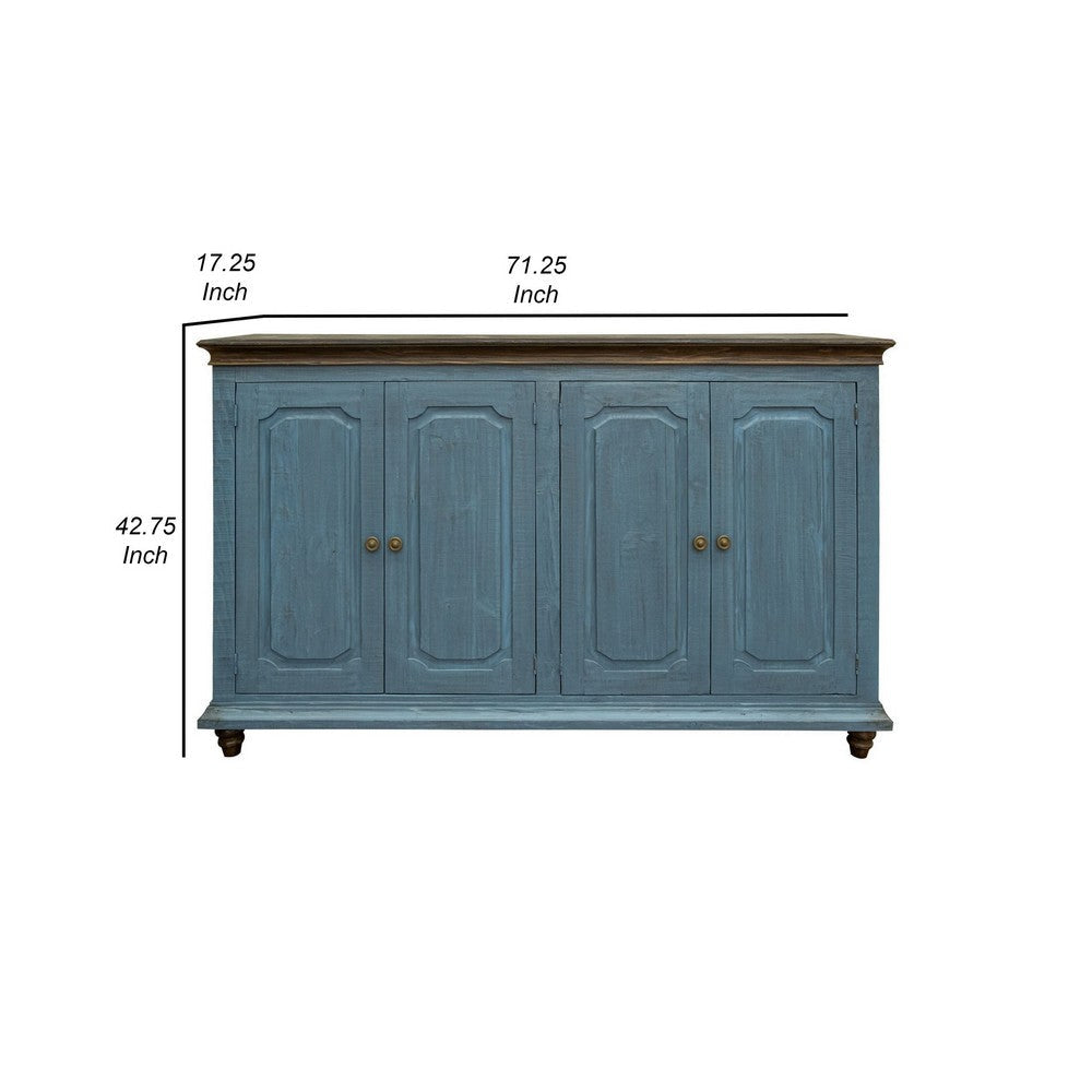 Son 71 Inch Sideboard Console Cabinet 4 Door Gold Handles Blue Pine Wood By Casagear Home
