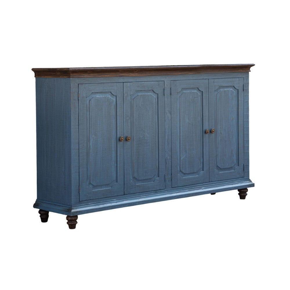 Son 71 Inch Sideboard Console Cabinet, 4 Door, Gold Handles, Blue Pine Wood By Casagear Home