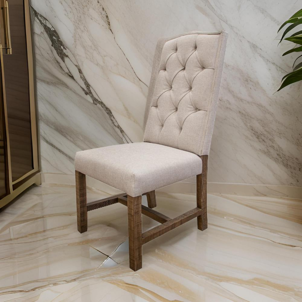 Genie 21 Inch Dining Chair, Set of 2, Ivory Polyester, Solid Brown Wood By Casagear Home