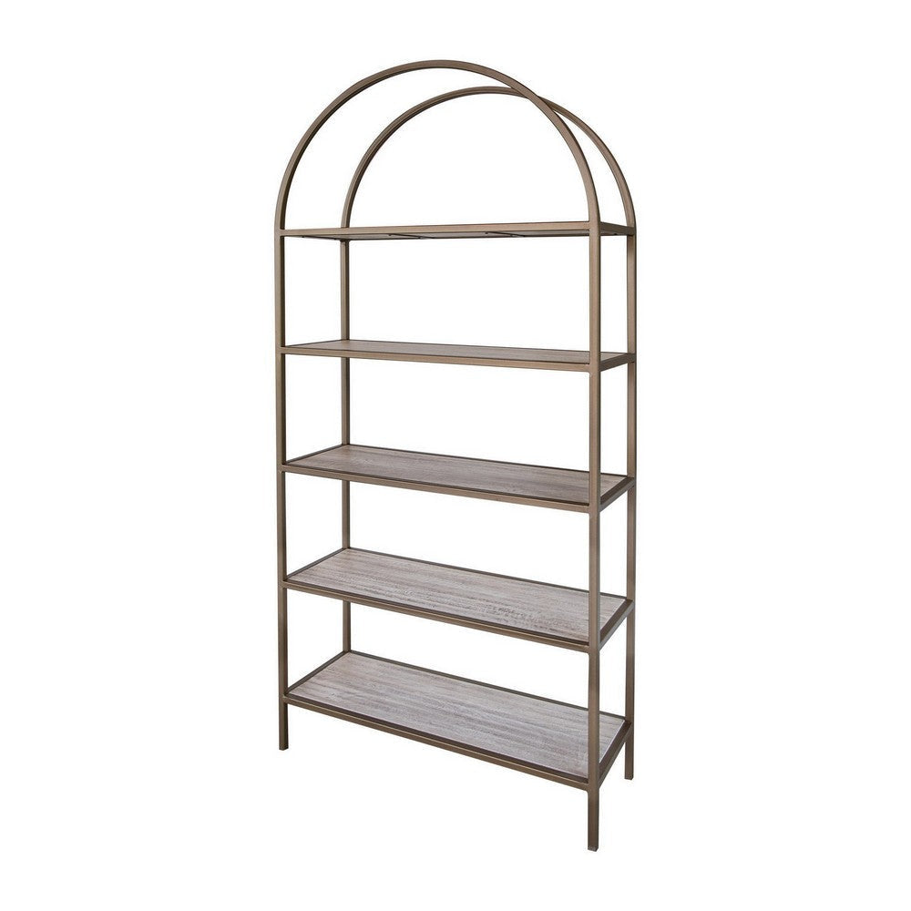 Kohl 72 Inch Standing Bookcase Arch Metal Frame 5 Shelves Mango Wood By Casagear Home BM307443