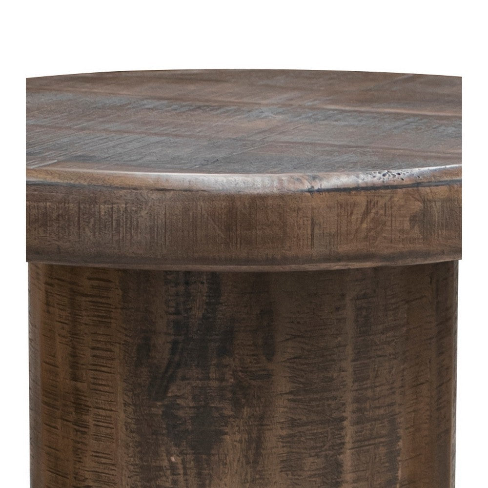 Ino 24 Inch Side End Table Mango Wood Rustic Brown Thick Pedestal Stand By Casagear Home BM307453