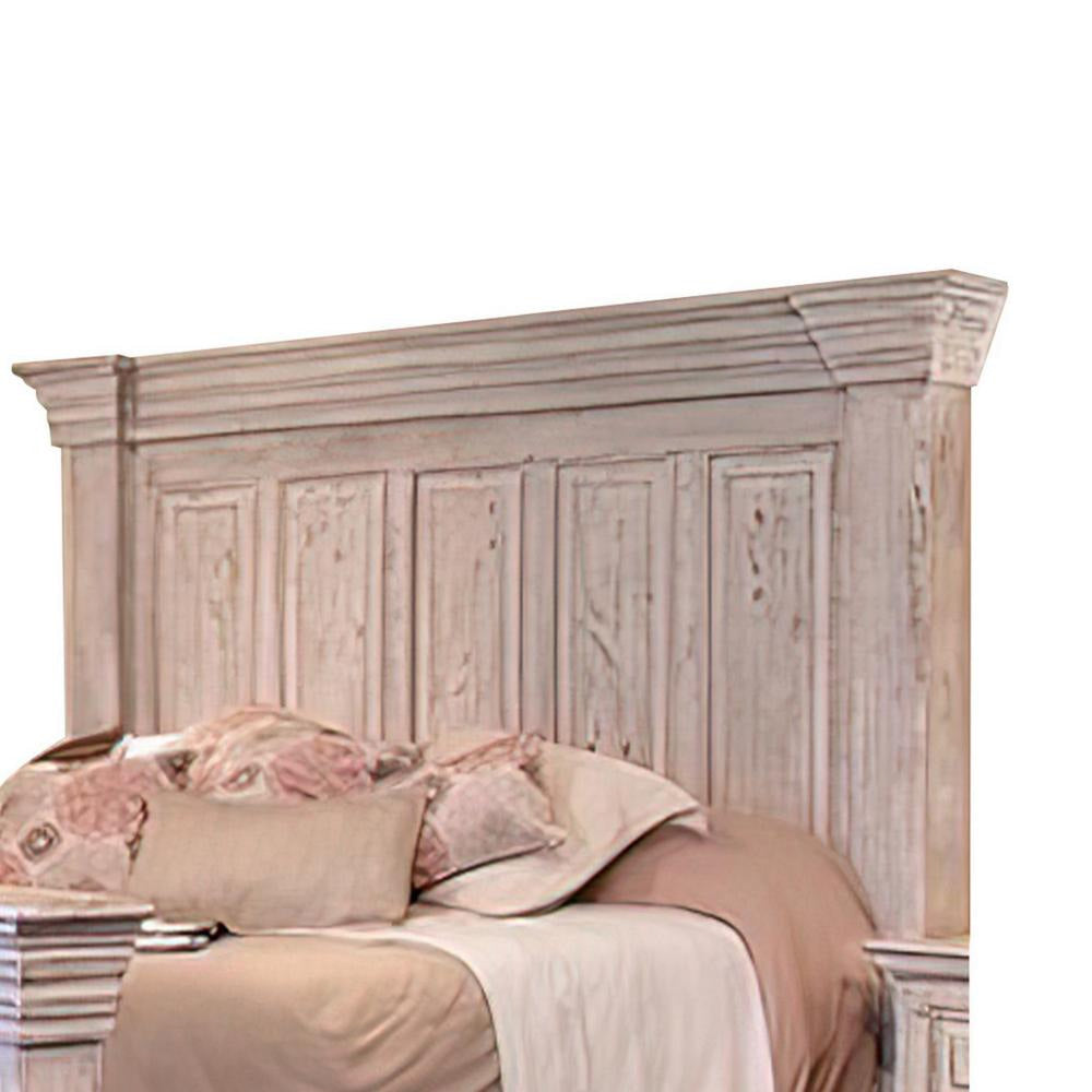 Abi King Size Bed Pine Wood Classic Molded Frame Design Antique White By Casagear Home