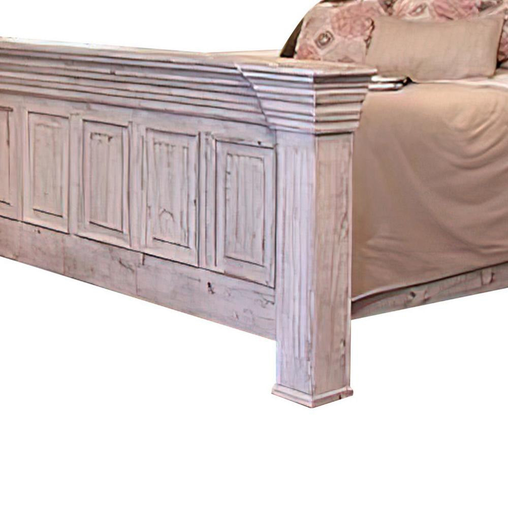 Abi King Size Bed Pine Wood Classic Molded Frame Design Antique White By Casagear Home