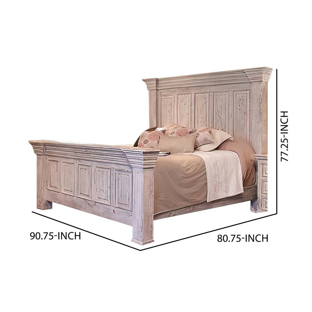 Abi King Size Bed Pine Wood Classic Molded Frame Design Antique White By Casagear Home BM307457