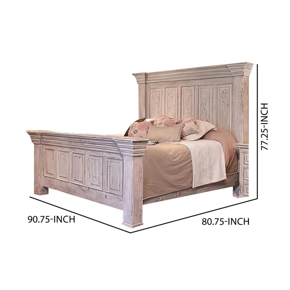 Abi King Size Bed, Pine Wood, Classic Molded Frame Design, Antique White By Casagear Home