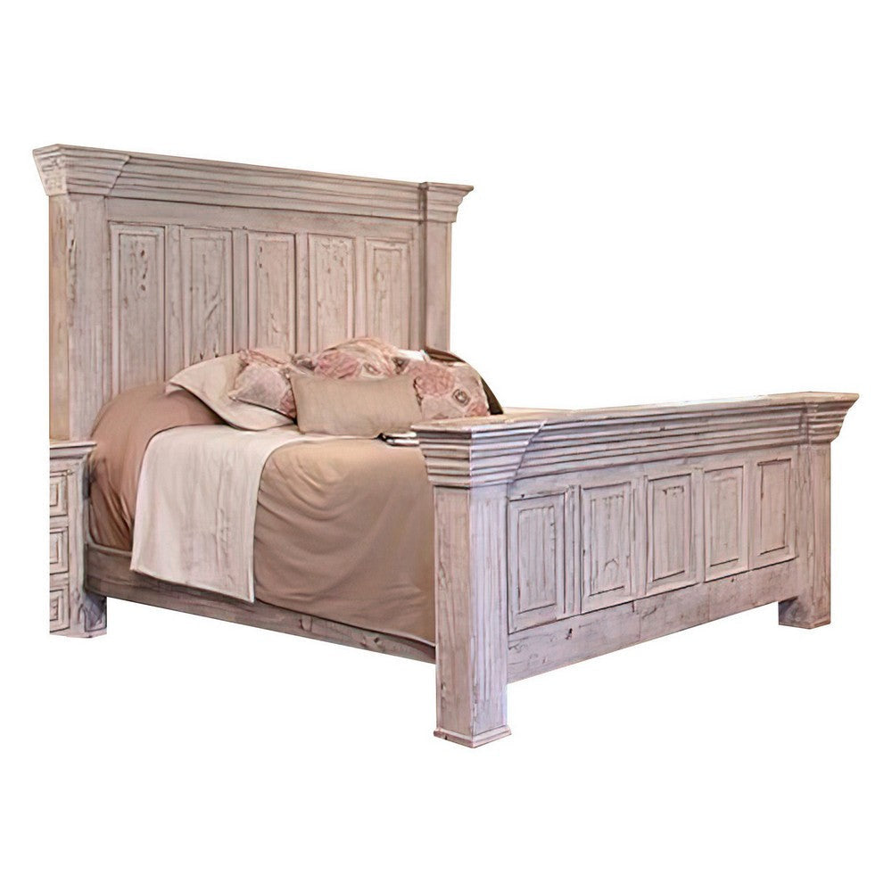 Abi King Size Bed, Pine Wood, Classic Molded Frame Design, Antique White By Casagear Home