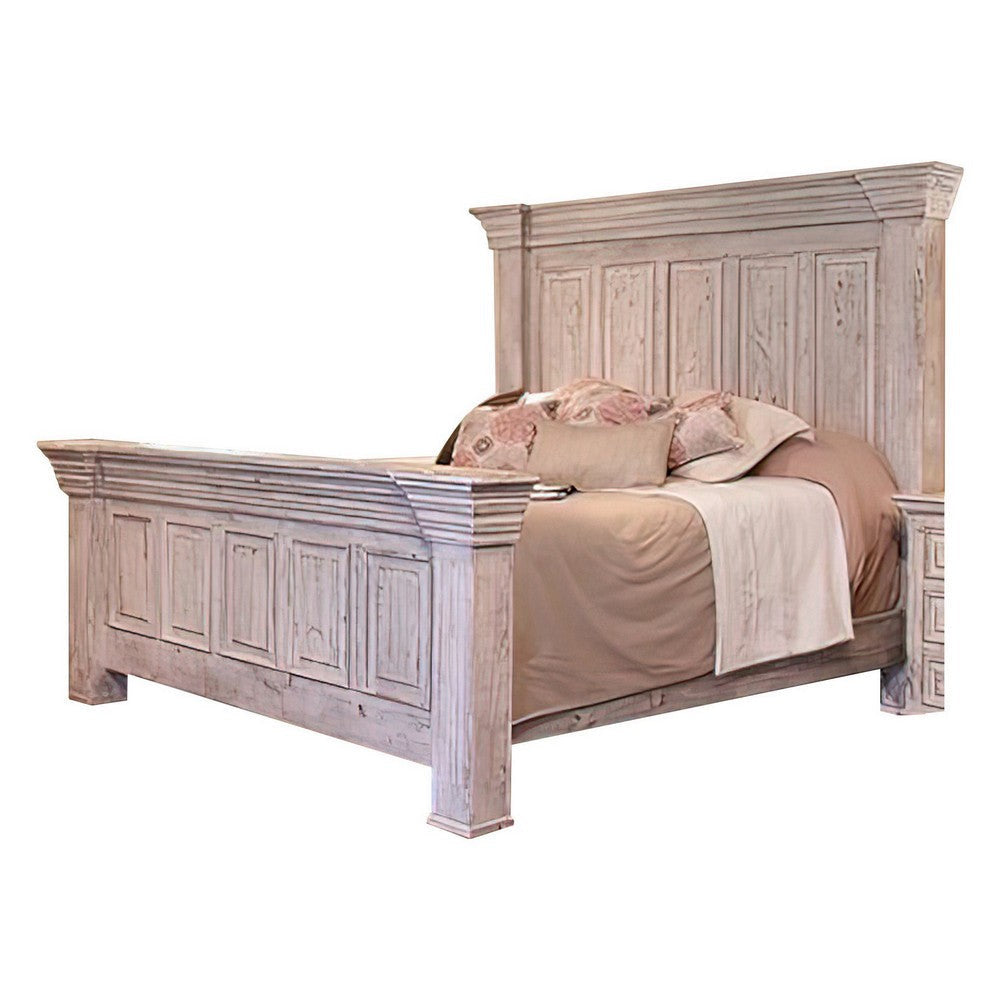 Abi Queen Size Bed Pine Wood Classic Molded Frame Design Antique White By Casagear Home BM307458