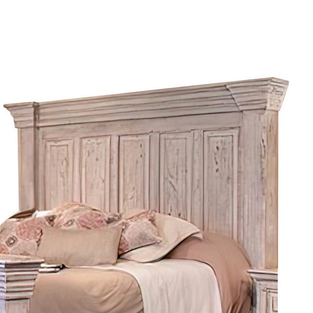 Abi Queen Size Bed Pine Wood Classic Molded Frame Design Antique White By Casagear Home BM307458