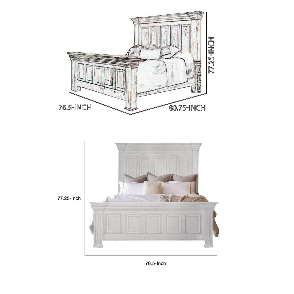 Abi Queen Size Bed Pine Wood Classic Molded Frame Design Antique White