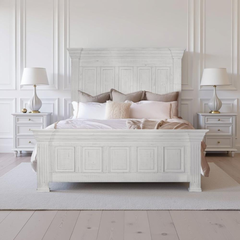 Abi Queen Size Bed Pine Wood Classic Molded Frame Design Antique White