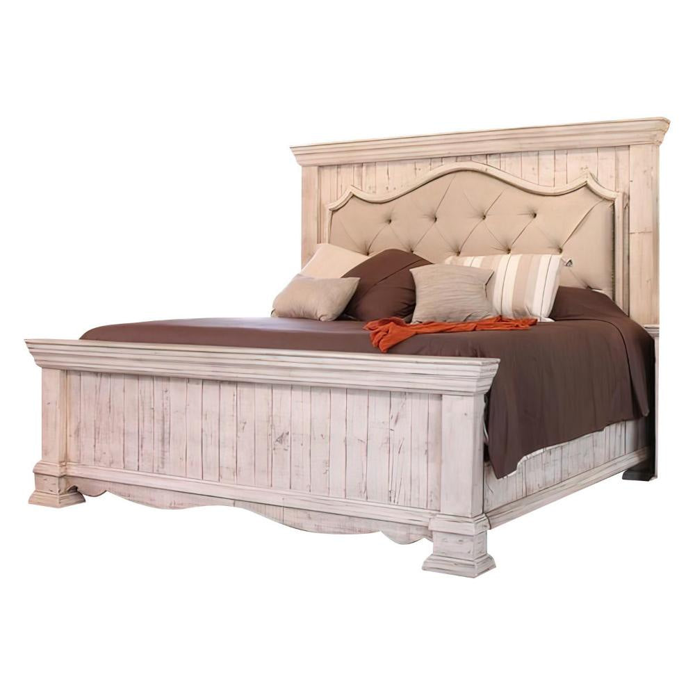 Belo King Bed Pine Wood Beige Upholstered Headboard Distressed White By Casagear Home