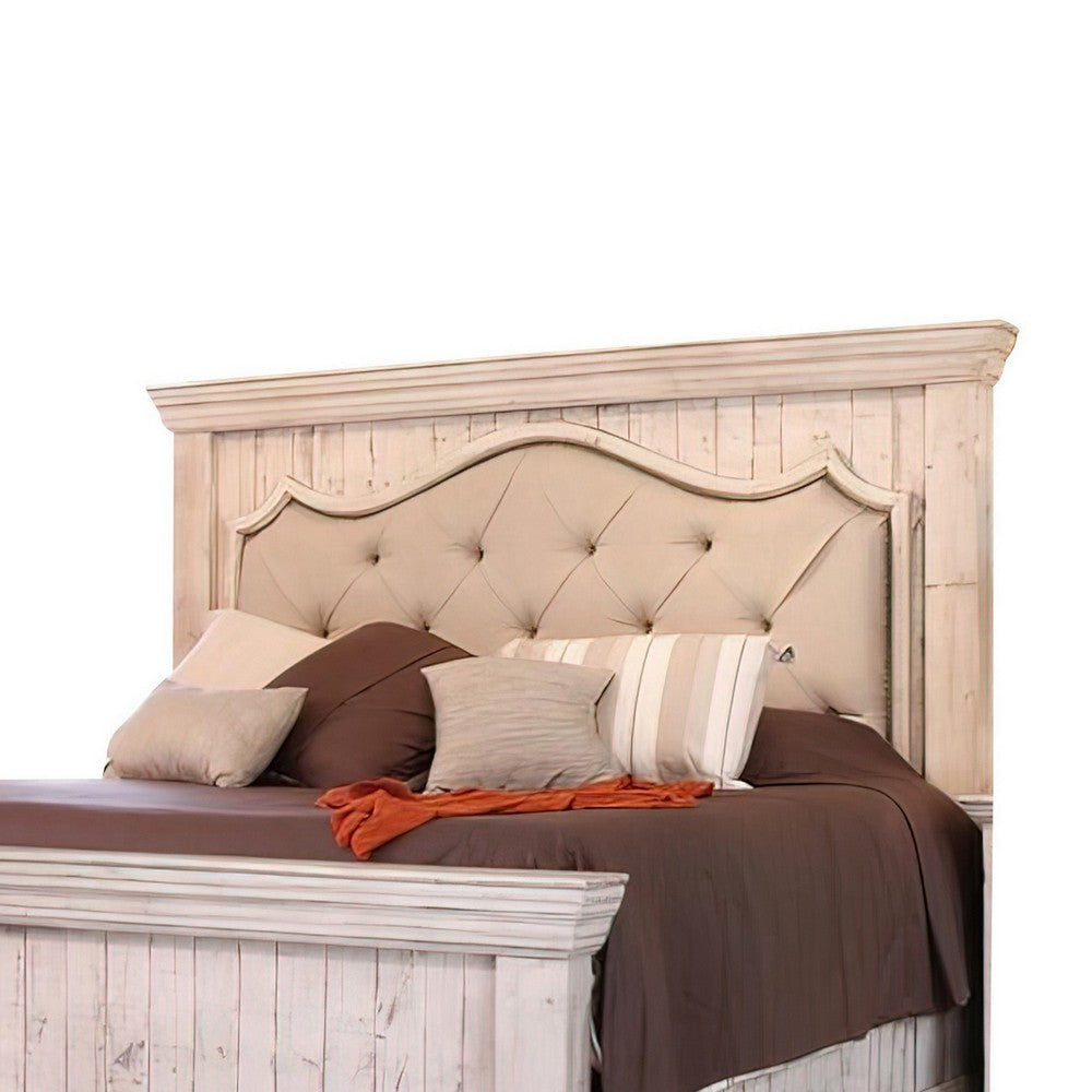 Belo King Bed Pine Wood Beige Upholstered Headboard Distressed White By Casagear Home BM307459