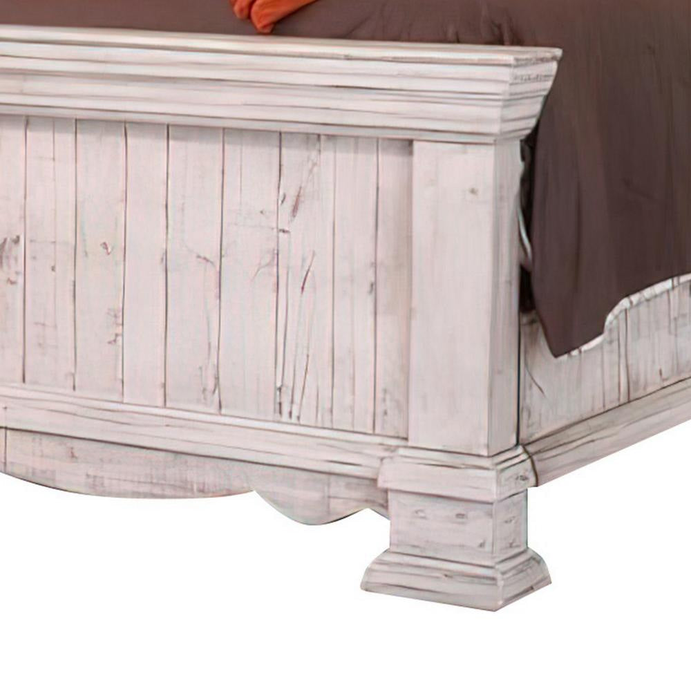 Belo King Bed Pine Wood Beige Upholstered Headboard Distressed White By Casagear Home