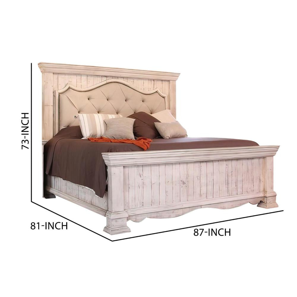 Belo King Bed Pine Wood Beige Upholstered Headboard Distressed White By Casagear Home