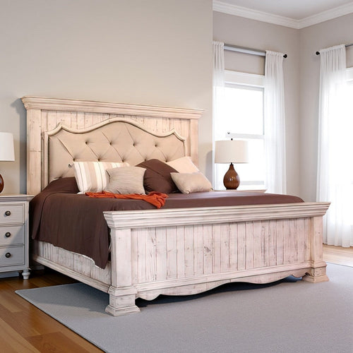 Belo King Bed, Pine Wood, Beige Upholstered Headboard, Distressed White By Casagear Home