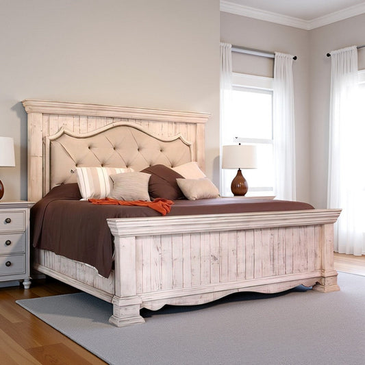 Belo King Bed, Pine Wood, Beige Upholstered Headboard, Distressed White By Casagear Home