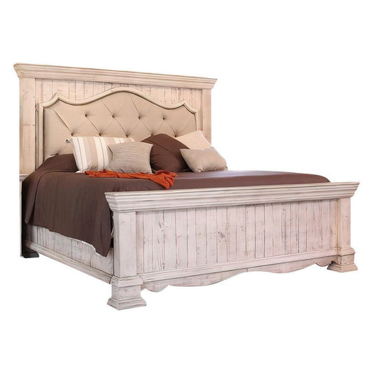 Belo King Bed, Pine Wood, Beige Upholstered Headboard, Distressed White By Casagear Home