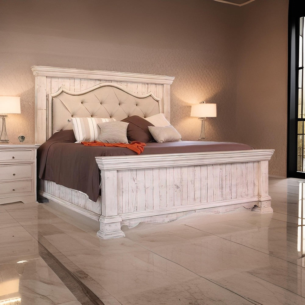 Belo Queen Bed, Pine Wood, Beige Upholstered Headboard, Distressed White By Casagear Home
