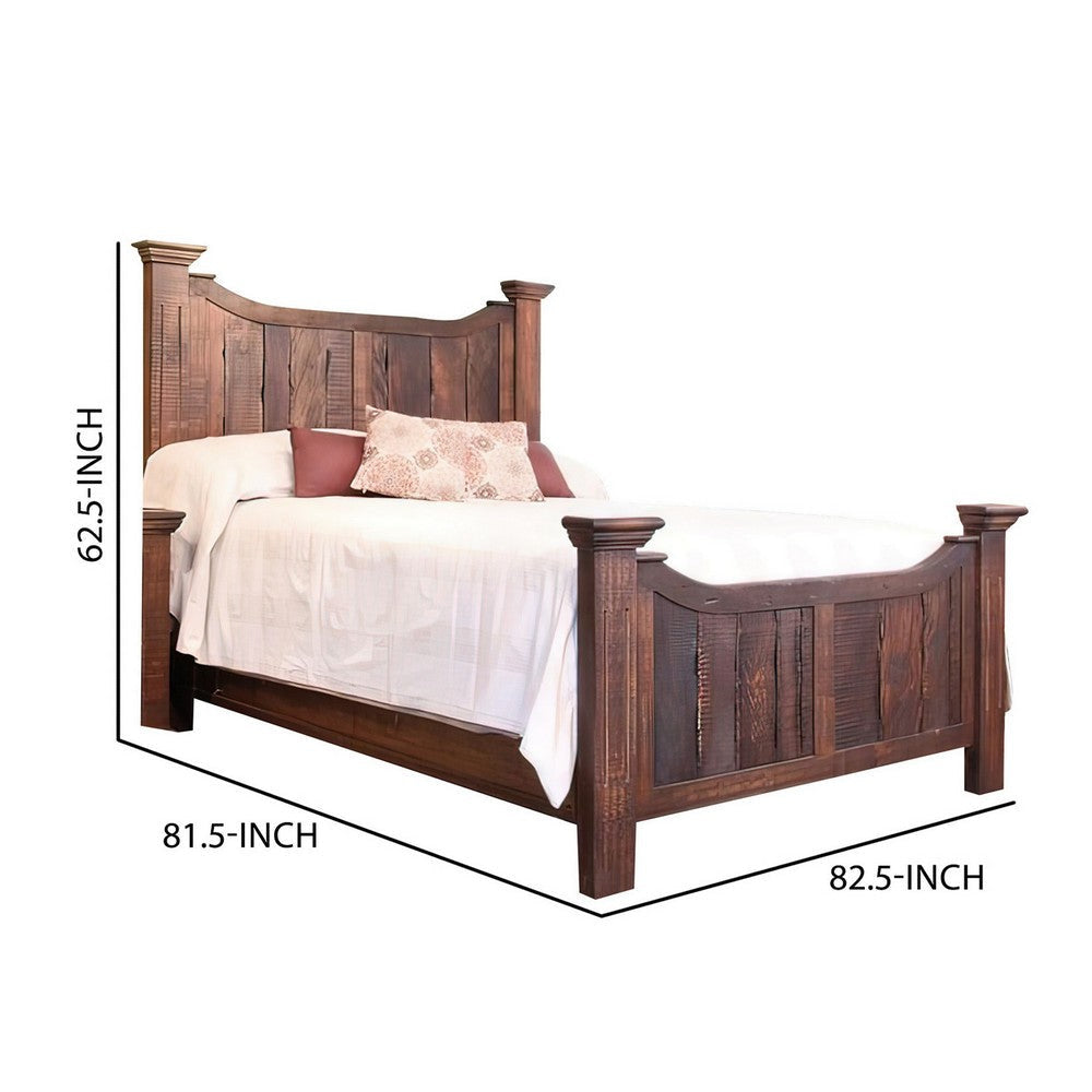 Bry King Size Bed Pine and Mango Wood Panel Headboard Rustic Brown By Casagear Home BM307461