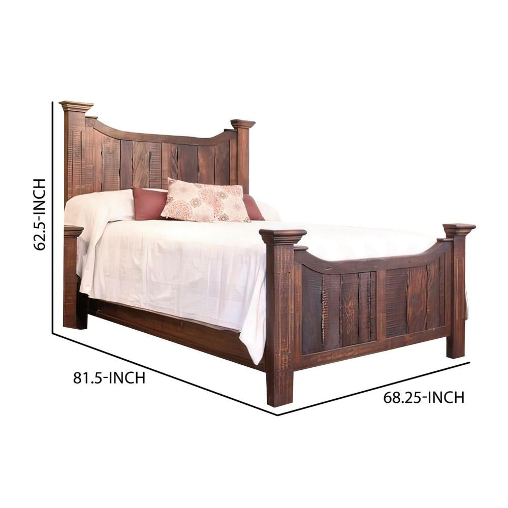 Bry Queen Size Bed Pine and Mango Wood Panel Headboard Rustic Brown By Casagear Home