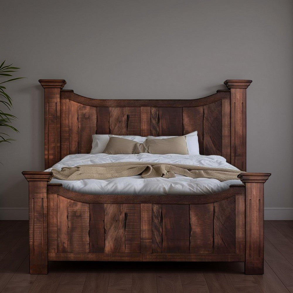 Bry Queen Size Bed, Pine and Mango Wood, Panel Headboard, Rustic Brown By Casagear Home