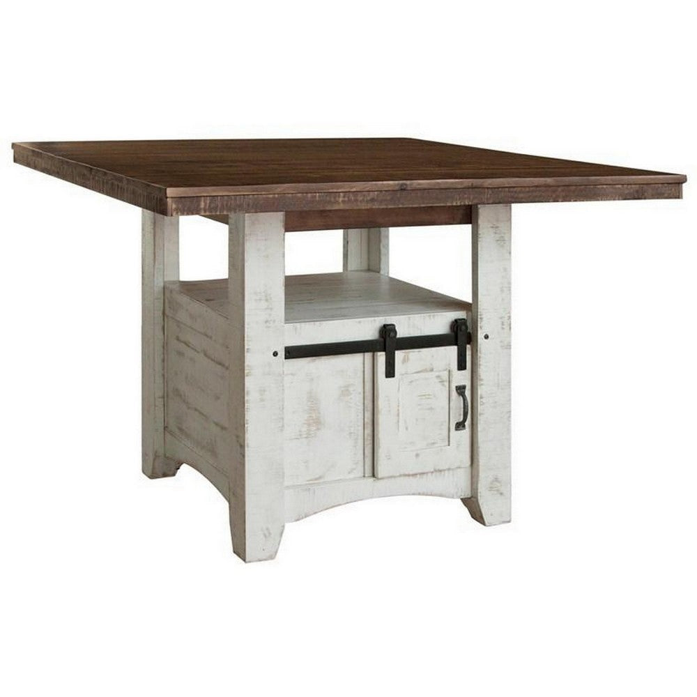 52 Inch Counter Height Table, Brown Top, Antique White Base, Open Shelf By Casagear Home