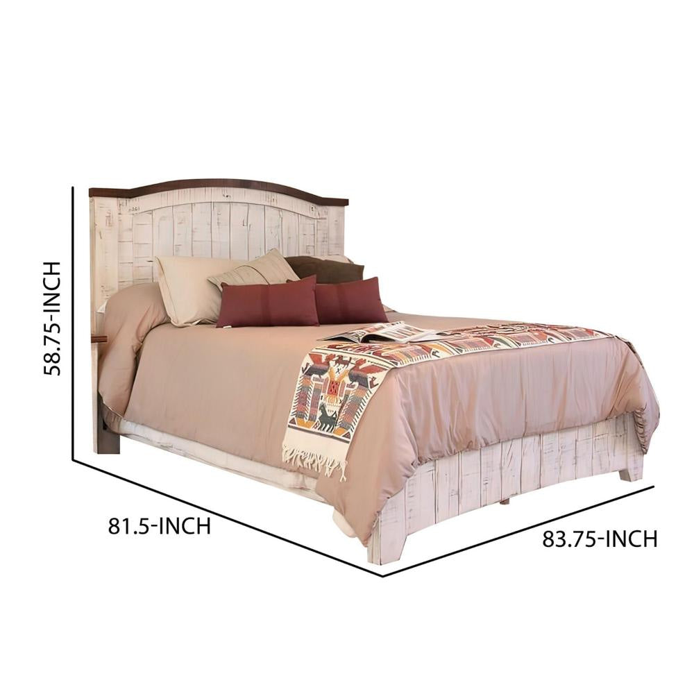 Ata King Size Bed Pine Wood Panel Design Distressed White Brown By Casagear Home