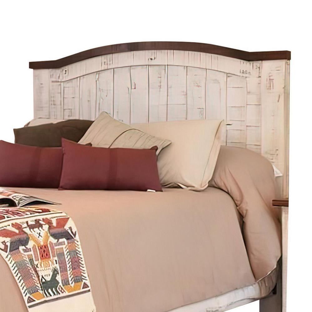 Ata Queen Size Bed Pine Wood Panel Design Distressed White Brown By Casagear Home