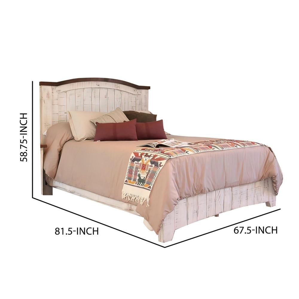 Ata Queen Size Bed Pine Wood Panel Design Distressed White Brown By Casagear Home