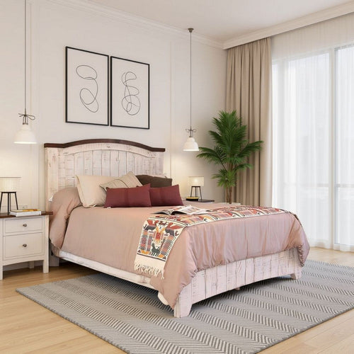 Ata Queen Size Bed, Pine Wood, Panel Design, Distressed White, Brown By Casagear Home