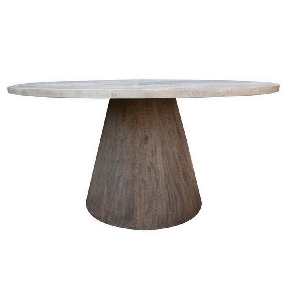 Kohl 59 Inch Dining Table, Round Top, Cone Pedestal Base, White, Brown By Casagear Home