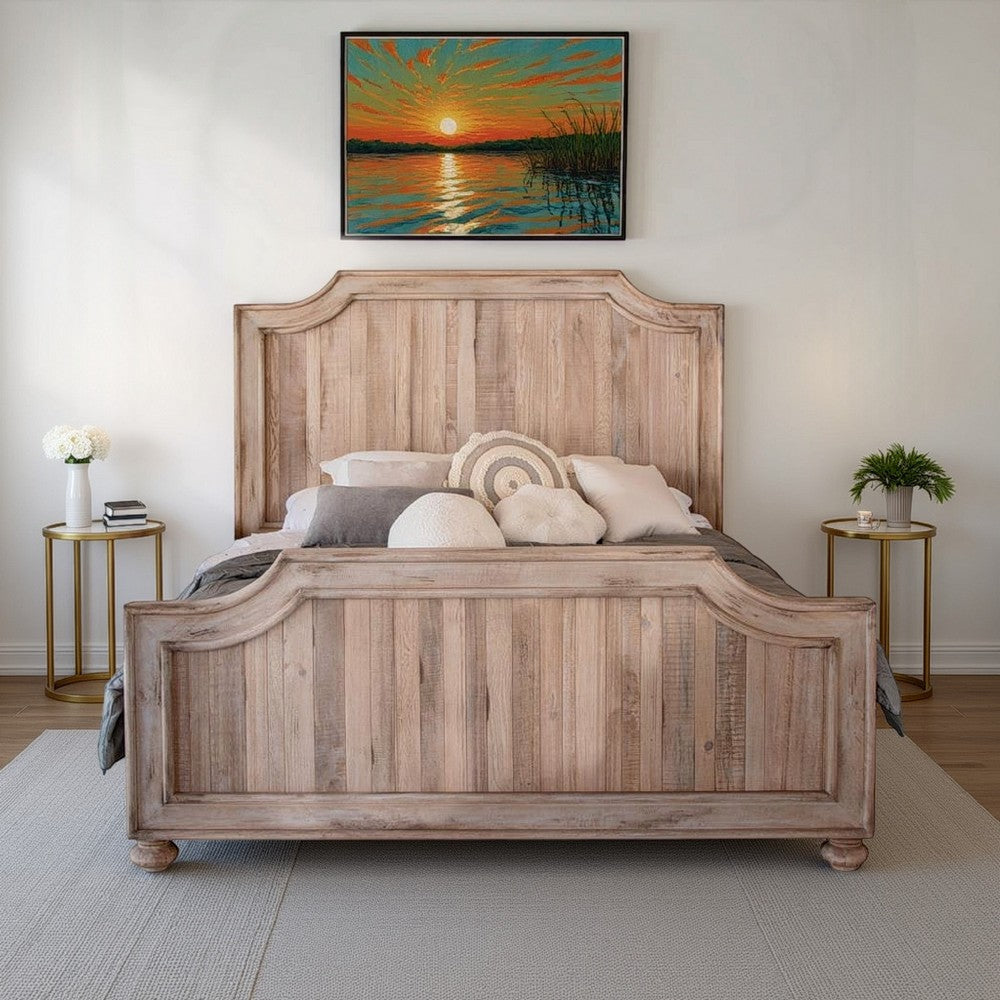 Genie Queen Size Bed, Curved Headboard and Footboard, Brown Mango Wood By Casagear Home