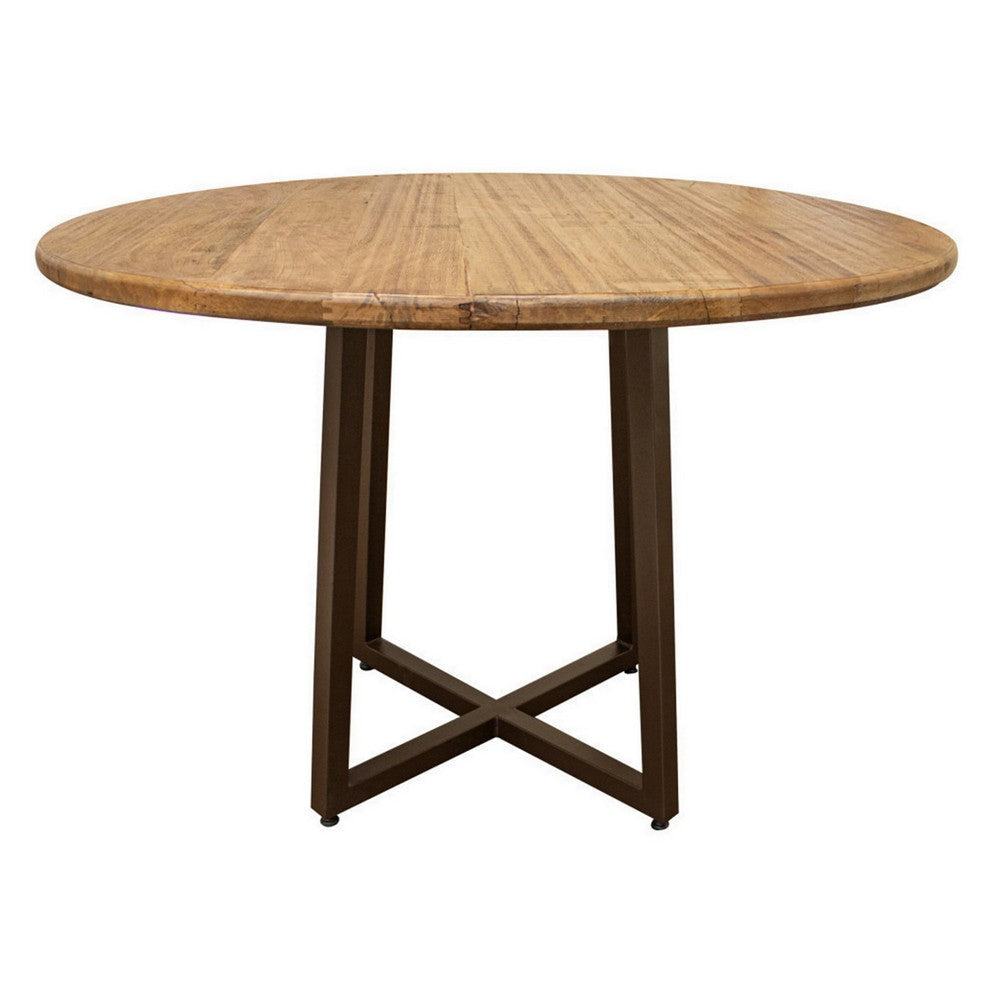 Asic 47 Inch Dining Table Round Hollow Black Metal Frame Brown Wood Top By Casagear Home BM307477