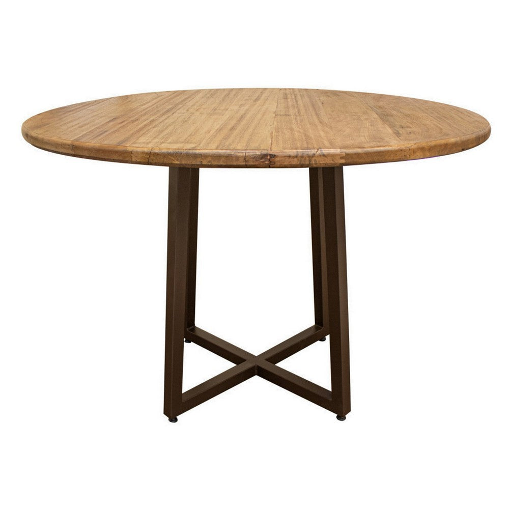 Asic 47 Inch Dining Table, Round, Hollow Black Metal Frame, Brown Wood Top By Casagear Home