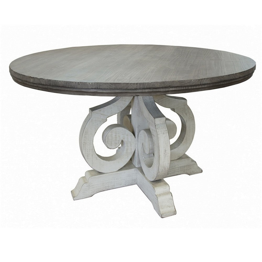 Suga 60 Inch Dining Table Round Top Scrollwork Base Gray White Finish By Casagear Home BM307478