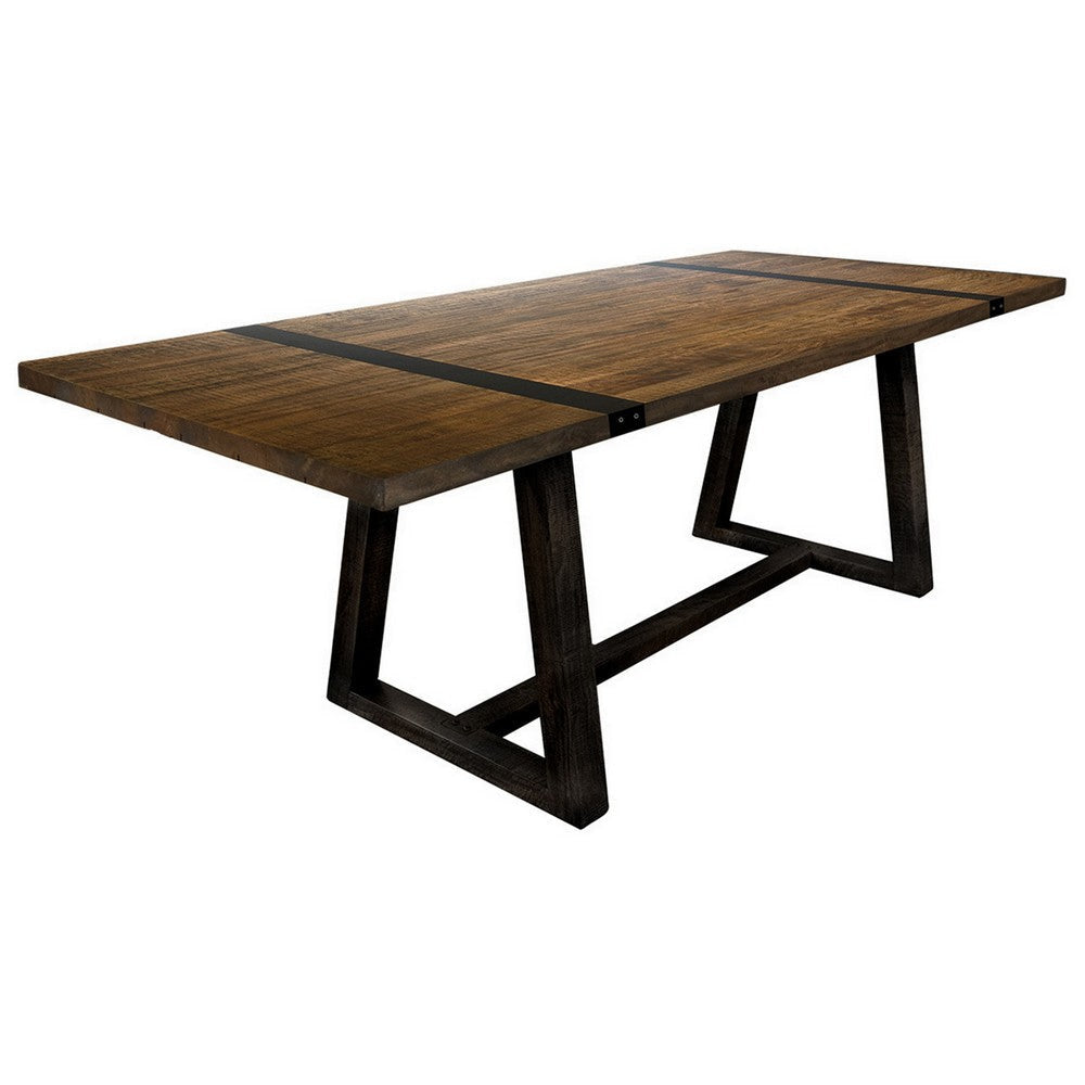 Ross 78 Inch Dining Table Triangular Trestle Legs Brown Mango Wood Top By Casagear Home BM307481