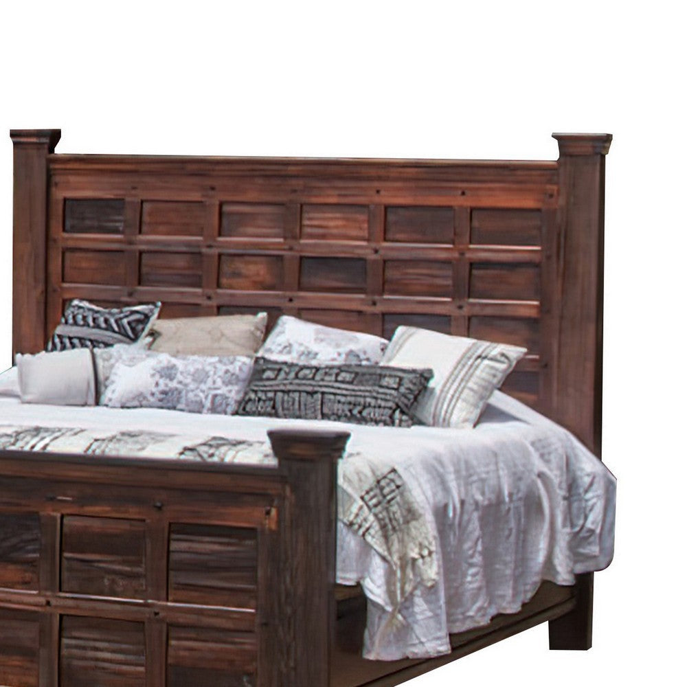 Exo King Size Bed Square Block Style Headboard and Footboard Brown Wood By Casagear Home BM307482