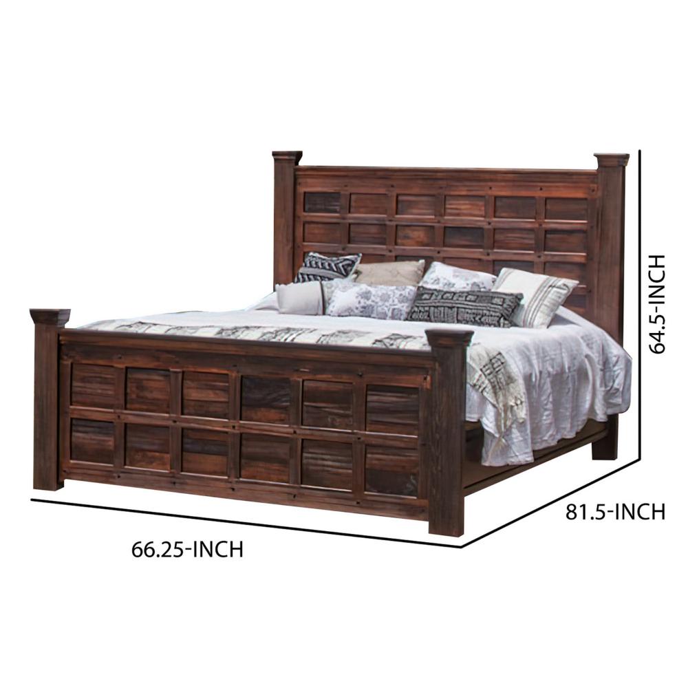 Exo Queen Size Bed, Square Block Style Headboard and Footboard, Brown Wood By Casagear Home