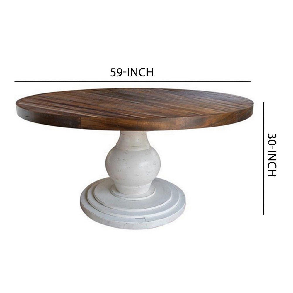 Ive 59 Inch Dining Table Pedestal Base Round Top Classic White and Brown By Casagear Home BM307493