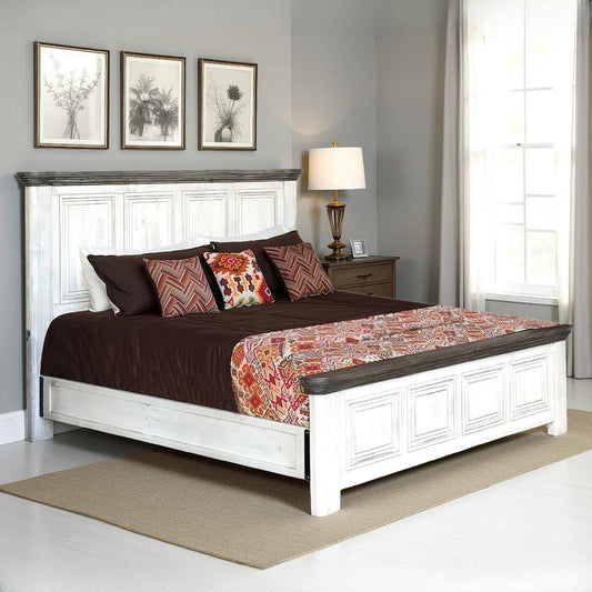 Feyi King Size Bed, Clean Rustic Headboard and Footboard, White, Gray By Casagear Home