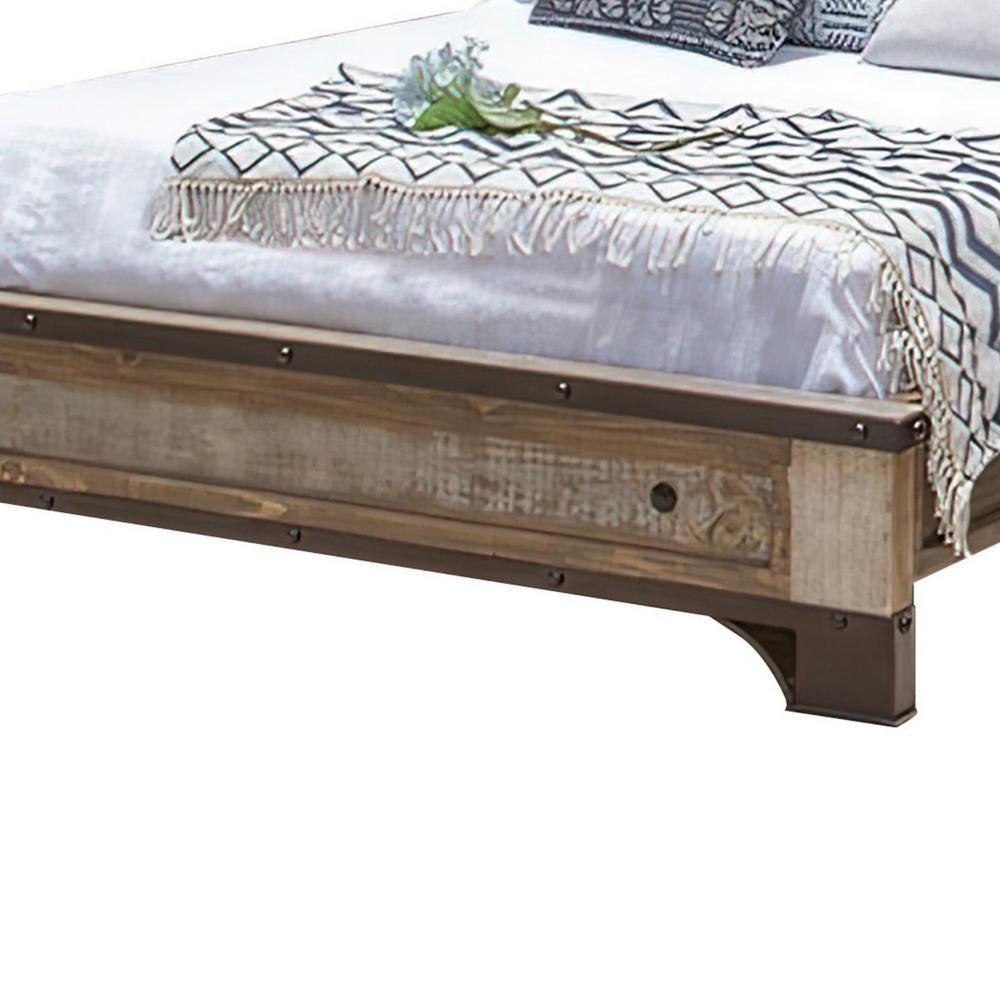 Fena King Size Bed Round Black Nailheads Distressed Wood Multicolor Brown By Casagear Home